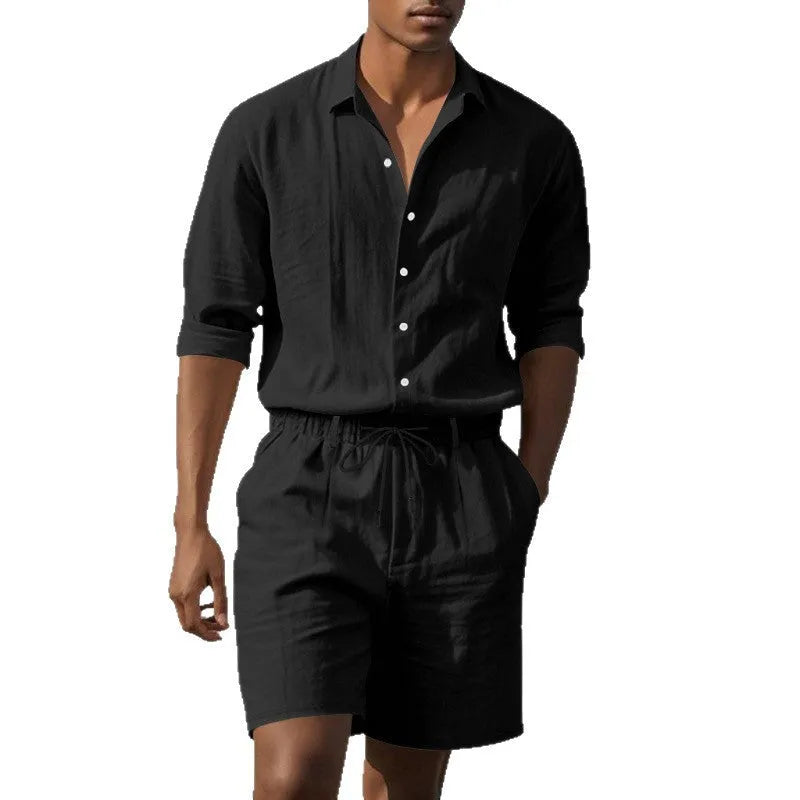 Linen long sleeve shirt and shorts beach suit in khaki on model