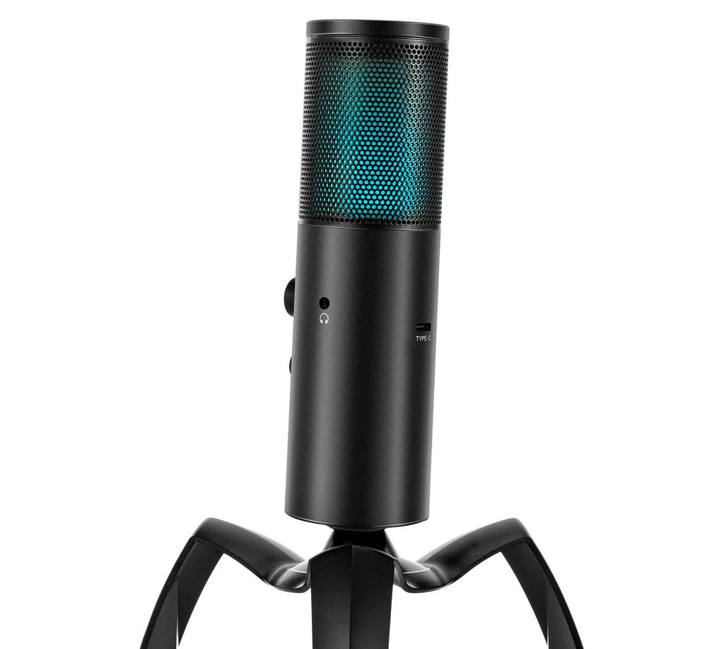 Black Q18 two directional condenser microphone with RGB lights on a tripod stand