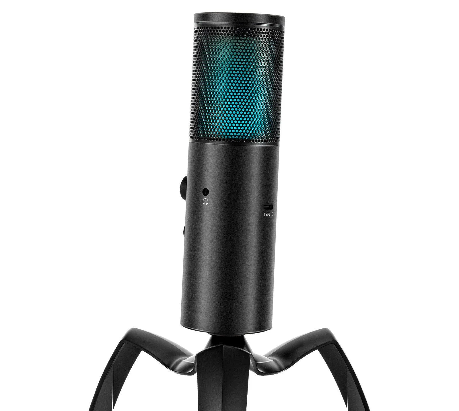 Black Q18 two directional condenser microphone with RGB lights on a tripod stand