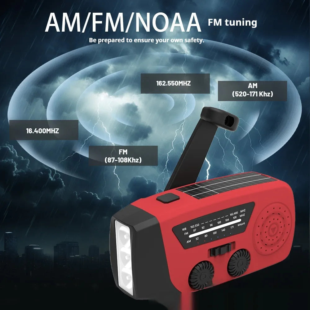 Red emergency rechargeable hand radio torch with wrist strap showing USB port and control buttons