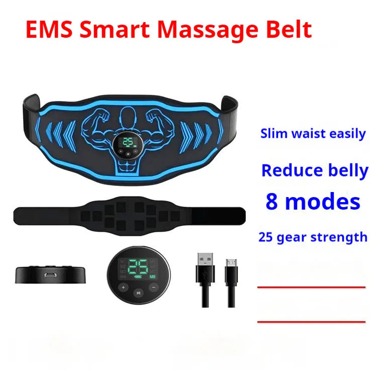 Smart EMS massage belt fitness equipment with rechargeable battery in orange and blue colour options
