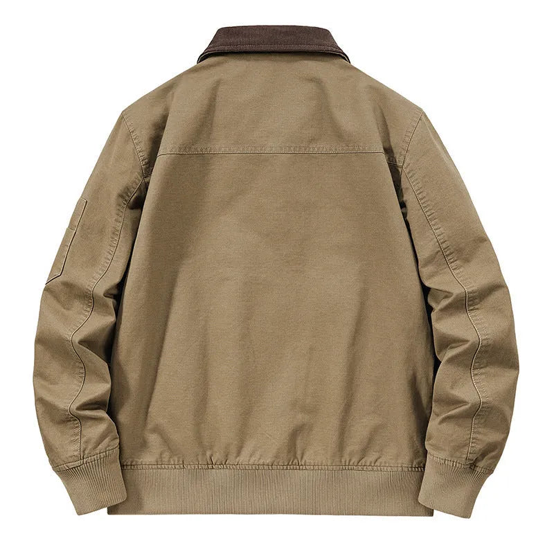 Men's camel coloured washed cotton baseball style jacket showing front view.