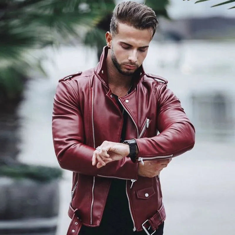 Men's PU leather jacket in brown, front view, with collar and zip closure.