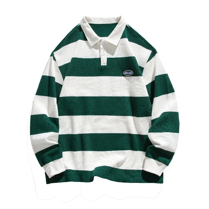 Hong Kong style striped polo shirt with lapel collar in pearl cotton fabric showing loose fit and long sleeves