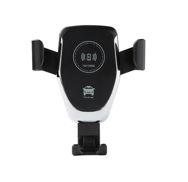 Car wireless charger with automatic gravity clamp mounted on vehicle vent, charging an iPhone