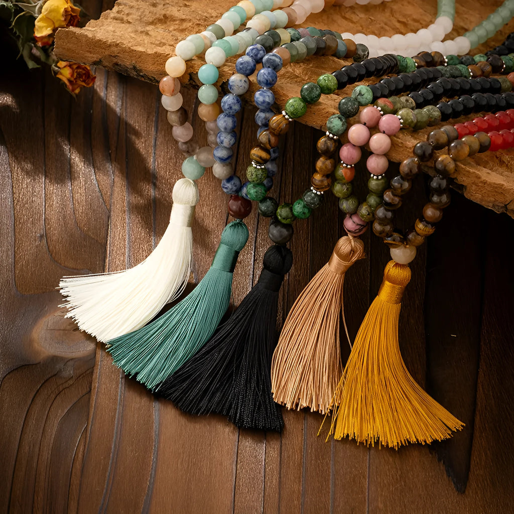 Vintage bohemian long beaded sweater chain with geometric design and tassel detail