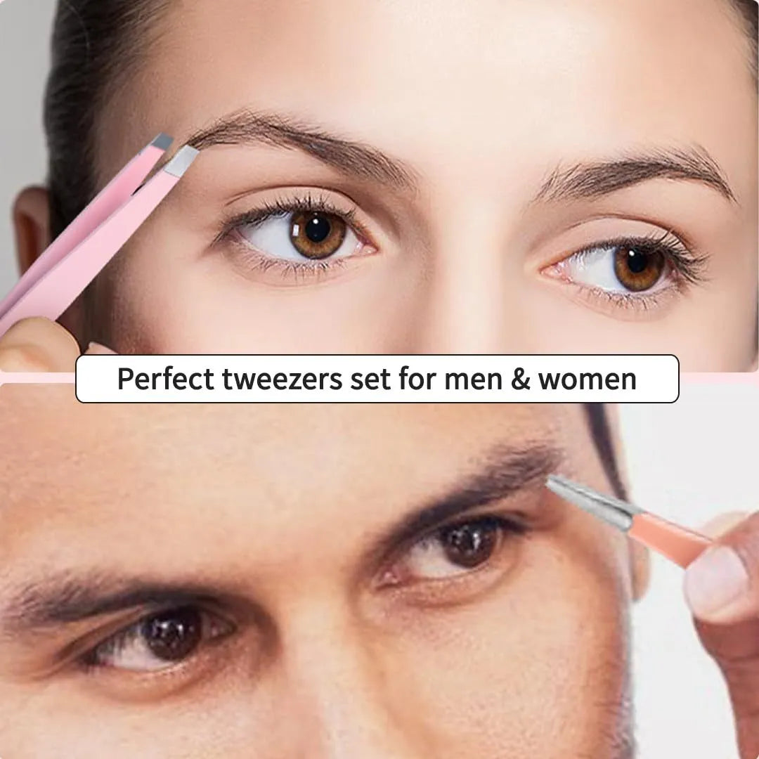 Professional six-piece eyebrow tweezer set with stainless steel tools and leather travel case
