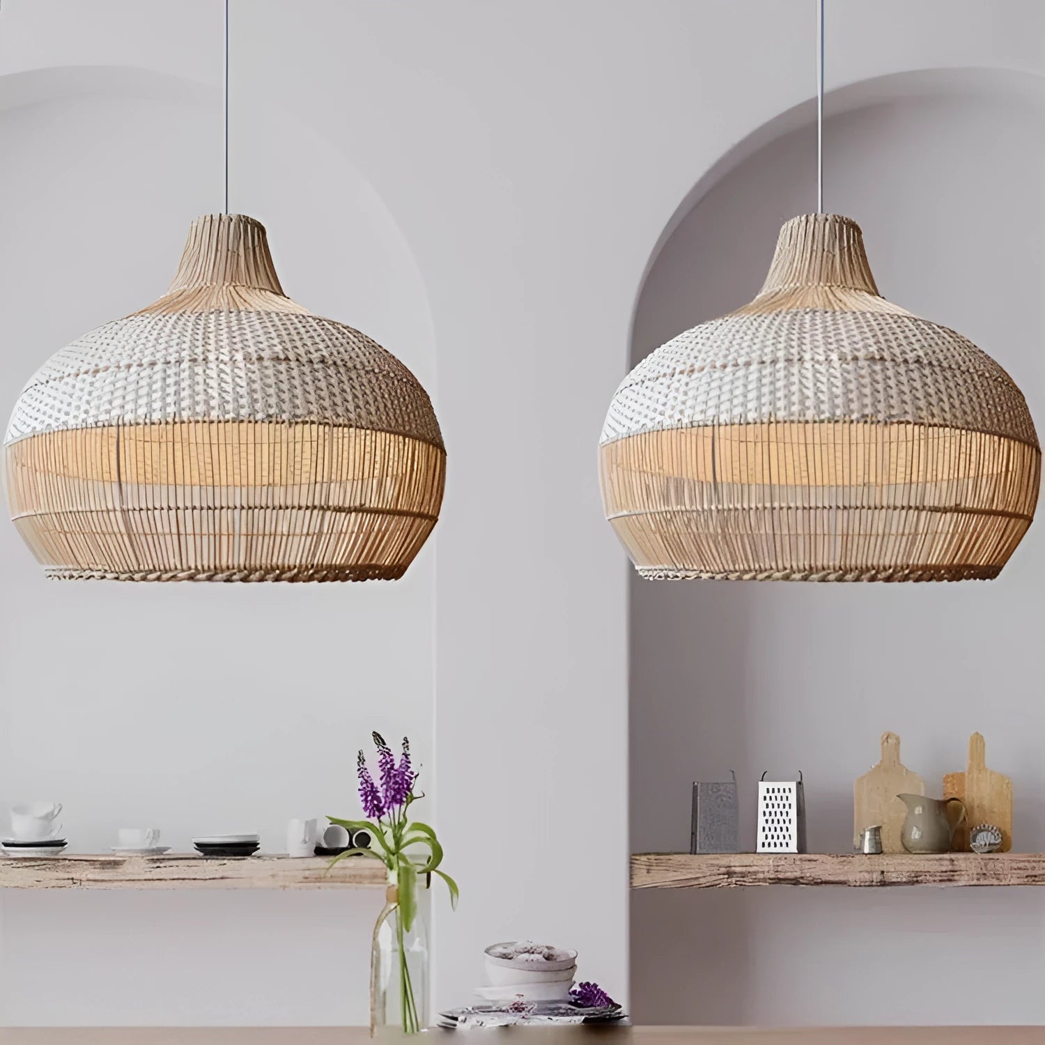 60cm diameter woven rattan Silent Wind style chandelier for pastoral living room.