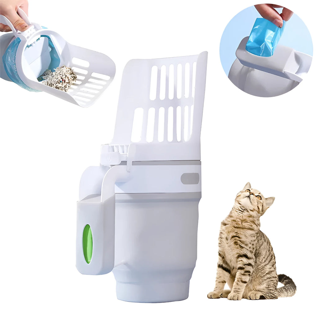 Grey cat litter scoop with sheltered waste lid and foldable bottom next to refill bags