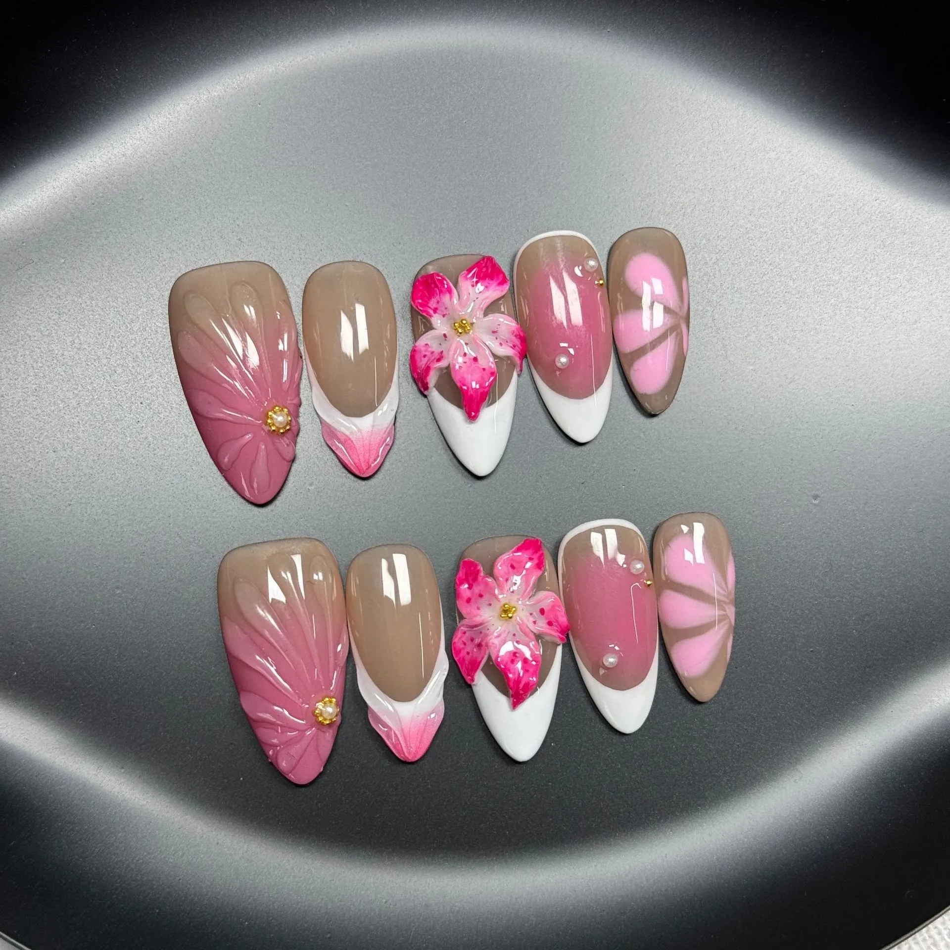 French style 3D lily and ice flower design plastic artificial nail tips in almond shape.
