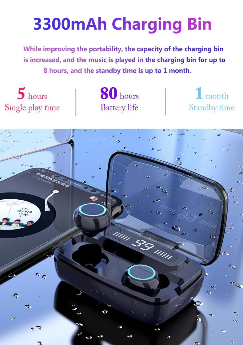 Black M11 style wireless Bluetooth headset with digital display and IPX7 waterproof rating.