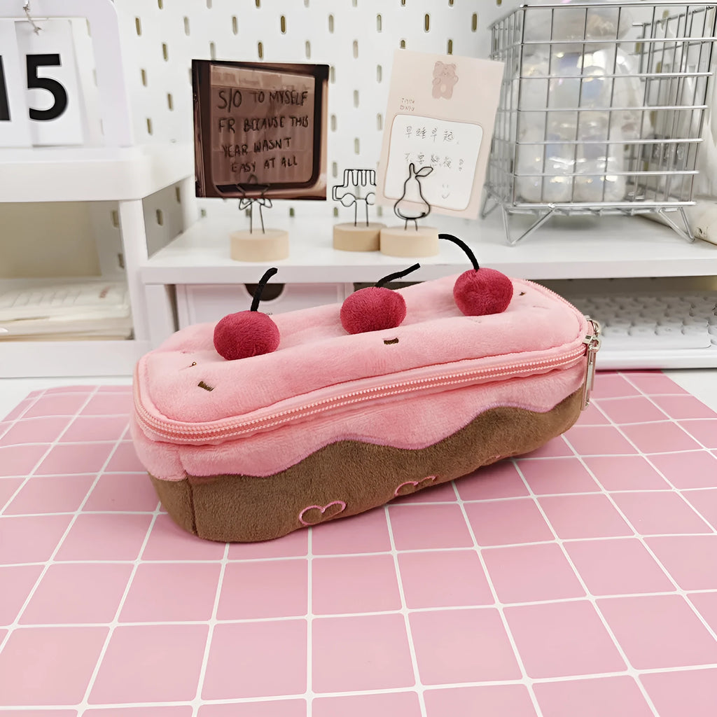 Cherry cake pattern velvet pencil case with Korean style design for stationery organisation