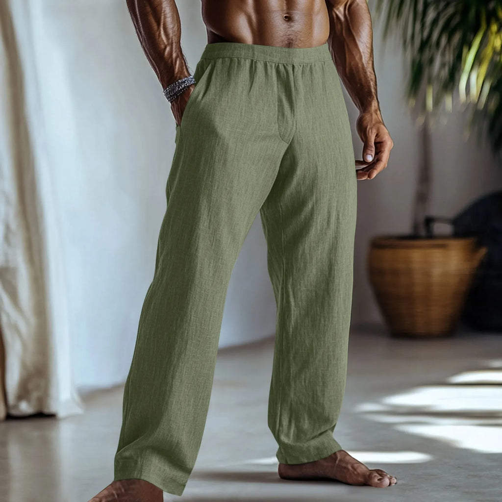 Cotton and linen straight leg casual trousers with pockets in various colour options