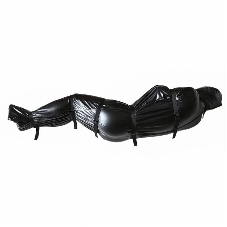 Black patent leather bondage set showing full body wrap and six ratchet tie-down straps
