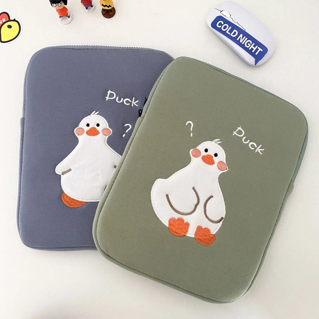 Blue cotton tablet case with duck embroidery design and zipper closure for iPad protection