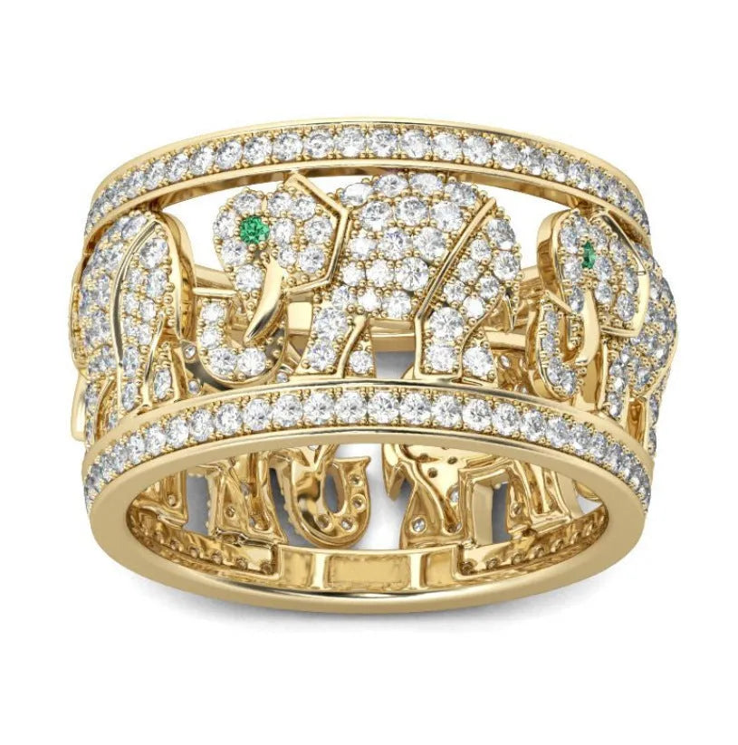 Alloy elephant ring with full diamond design in electroplated finish showing elephant motif detail