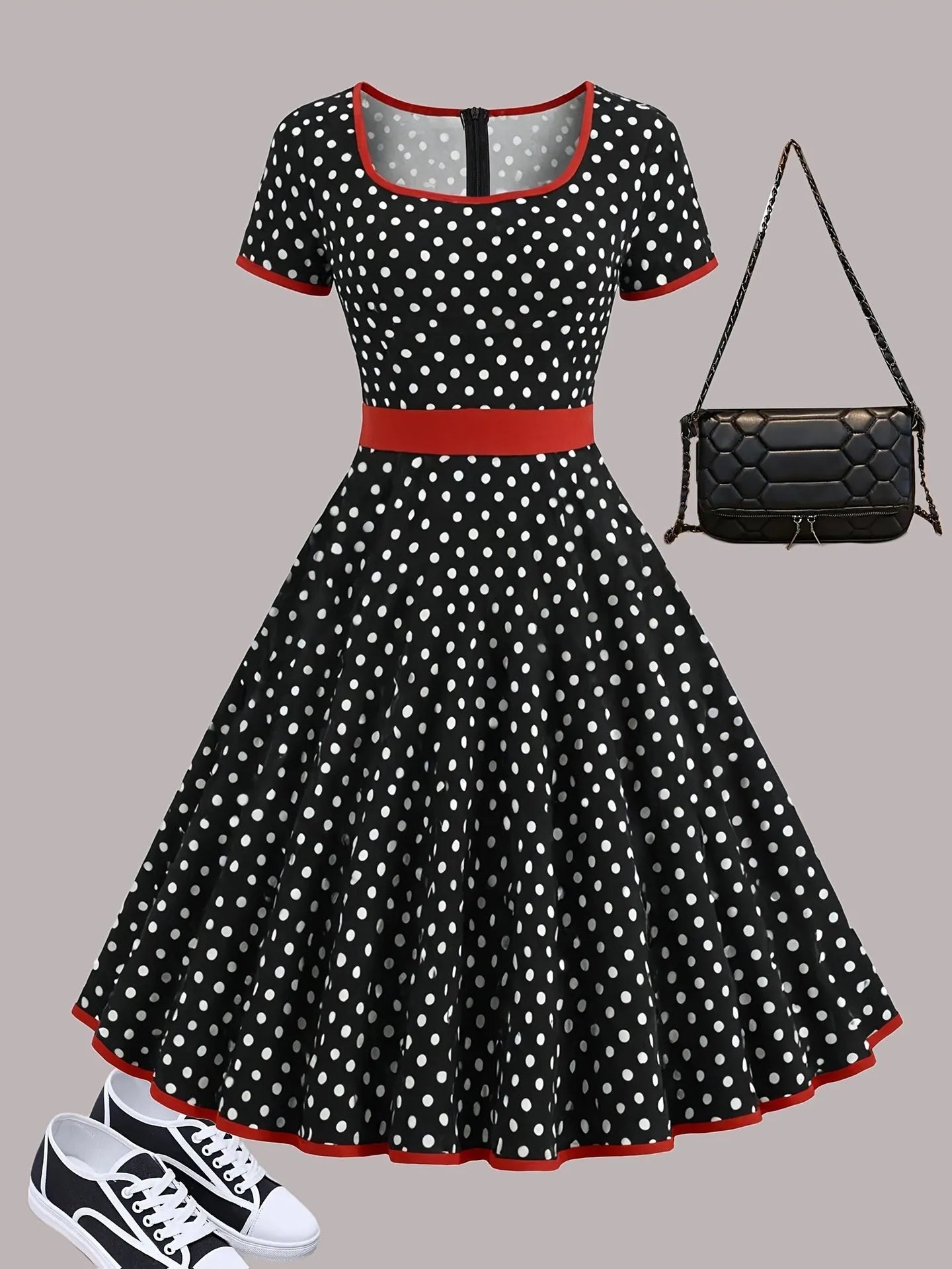 Square collar short sleeve polka dot dress with front zipper and pleated midi skirt