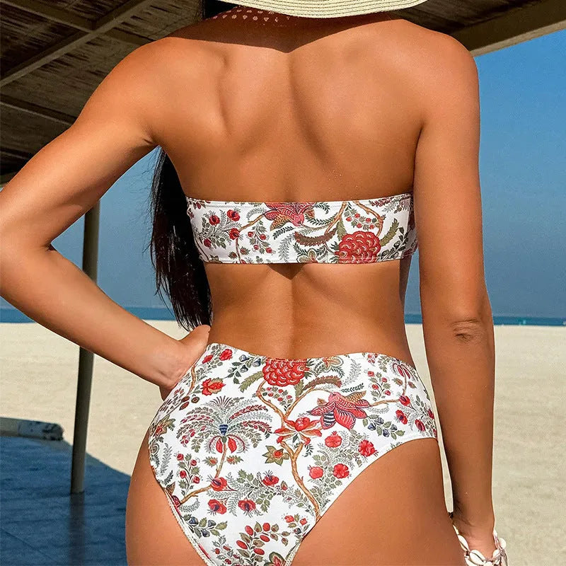 Women's printed bandeau swimsuit top and matching bikini shorts set on a white background