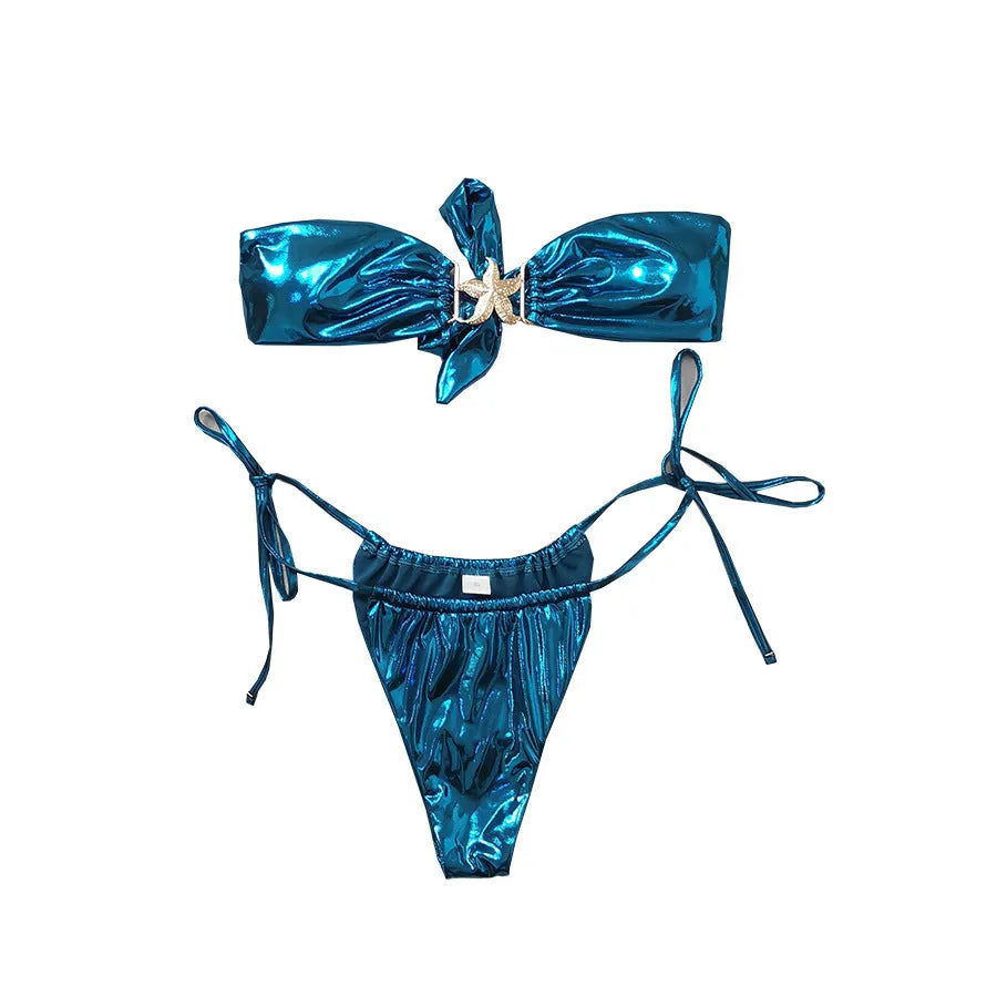 Women's glossy tube top bikini with gold starfish detail in sapphire blue colour