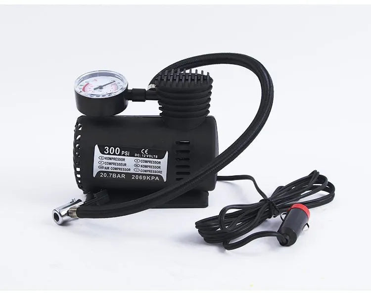 Mini 12V car air compressor in black with pressure gauge and 9-foot cord