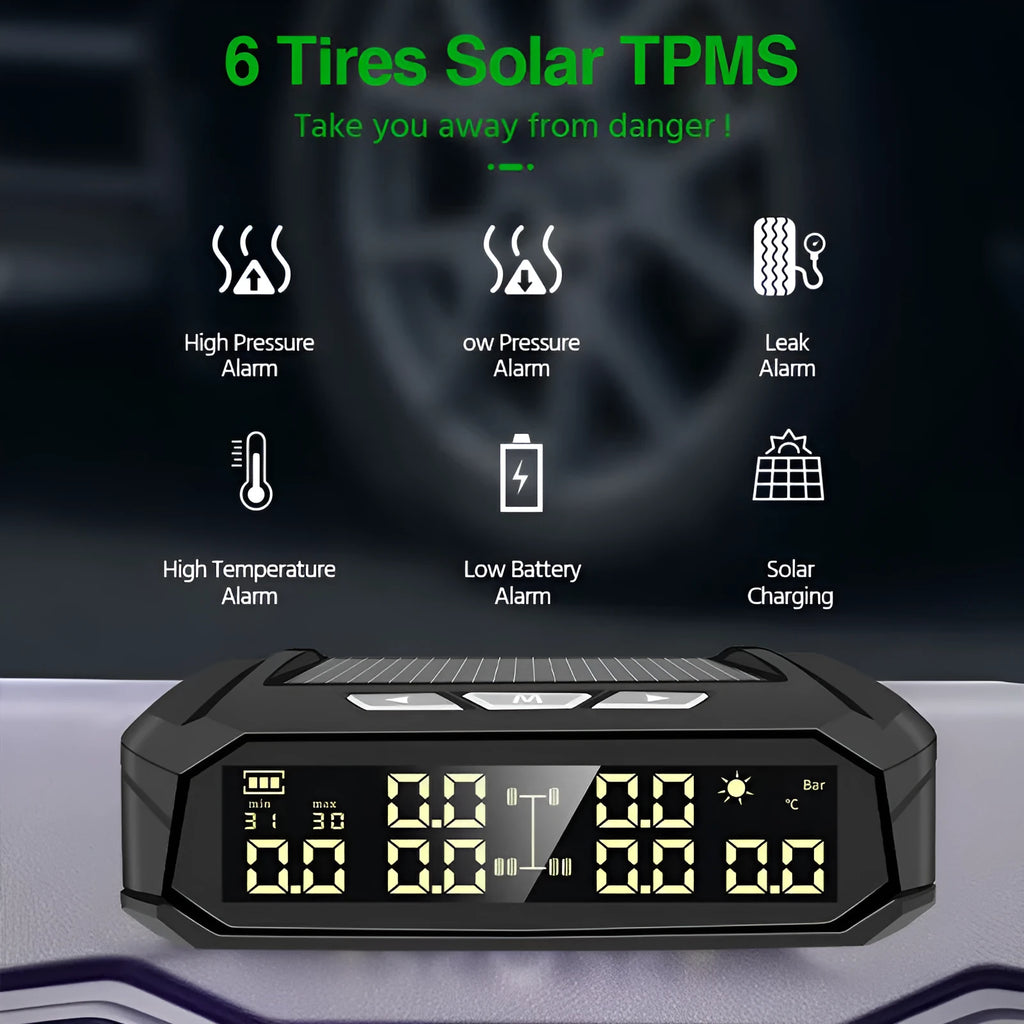 Solar external tyre pressure monitor system with colour digital display and six sensors for RVs and trucks