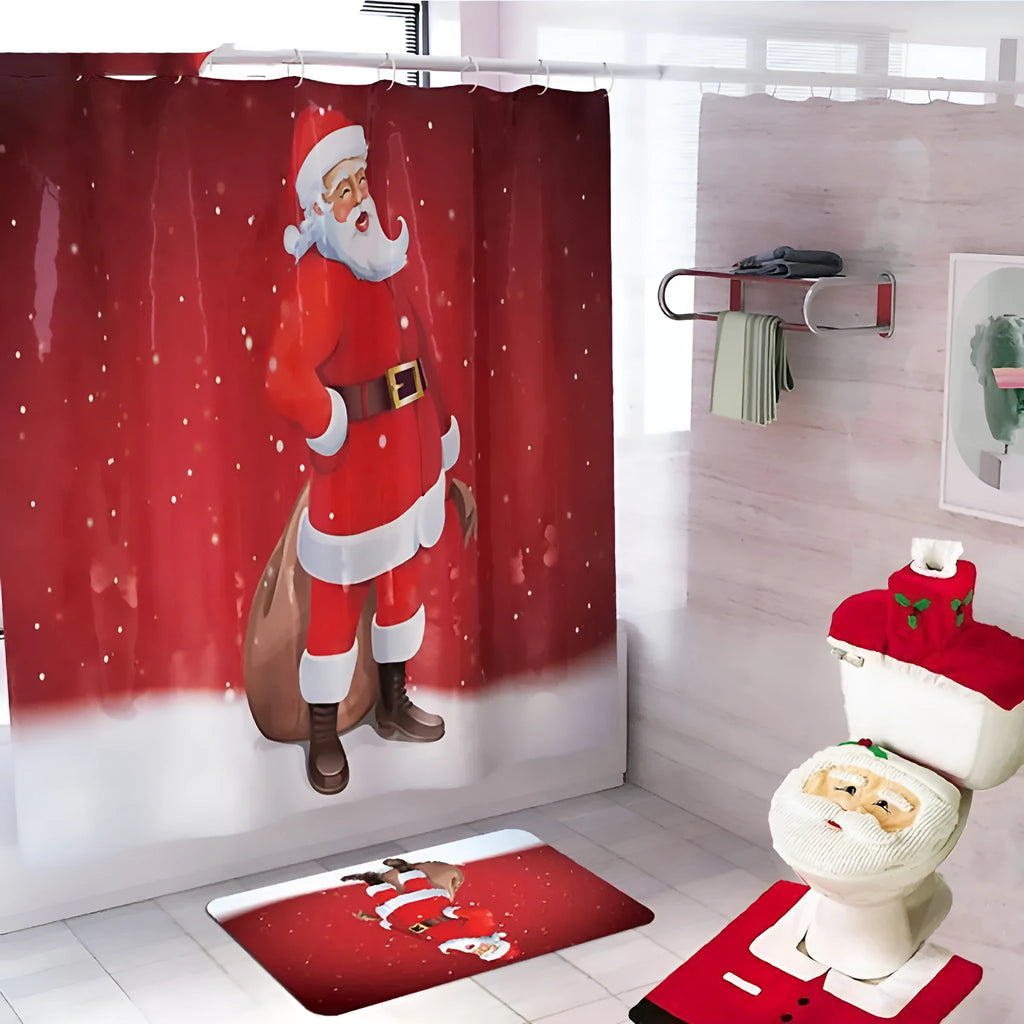 Christmas bathroom set with flannel shower curtain, toilet cover and floor mat featuring Santa design