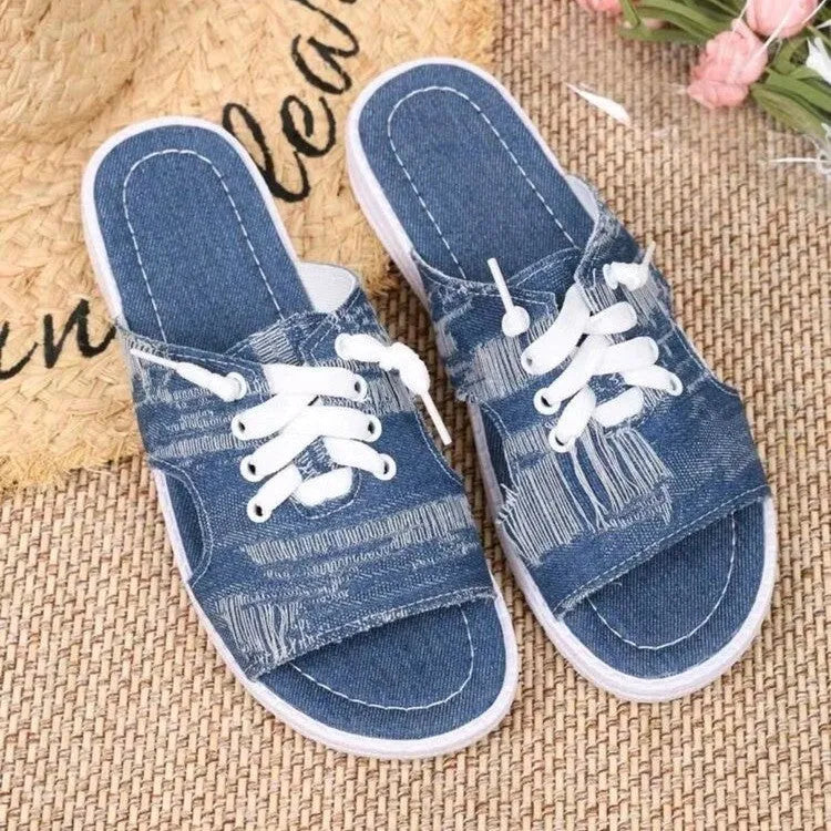 Blue Roman style women's flat canvas slippers with cloth lining and rubber sole