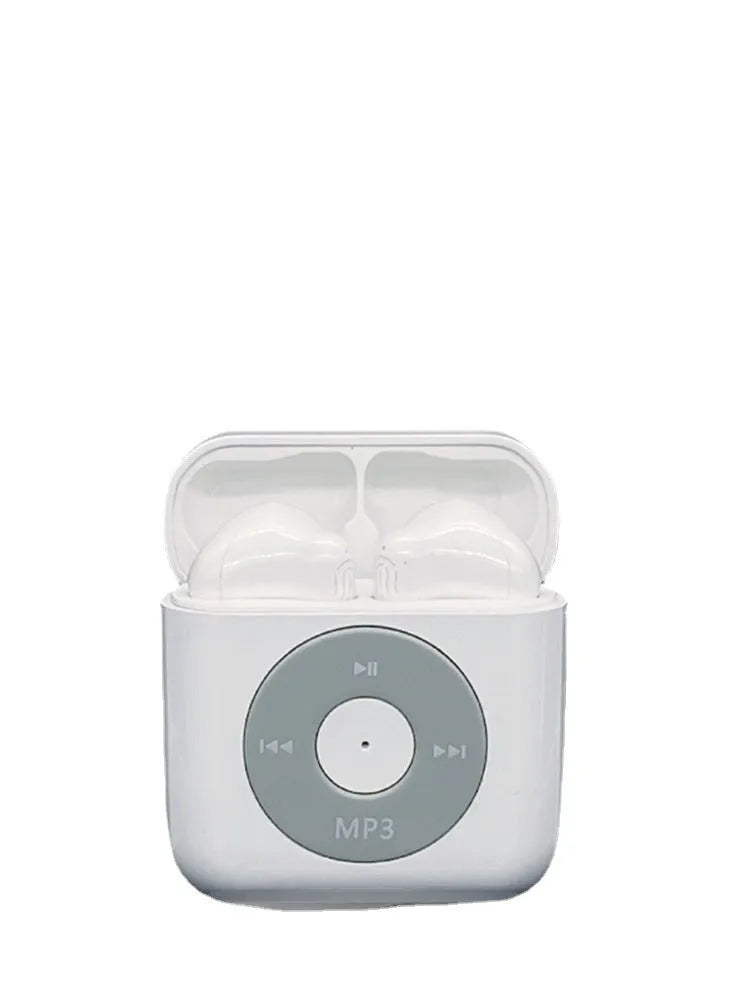 White wireless Bluetooth semi-in-ear earphones with a charging compartment on a white background.