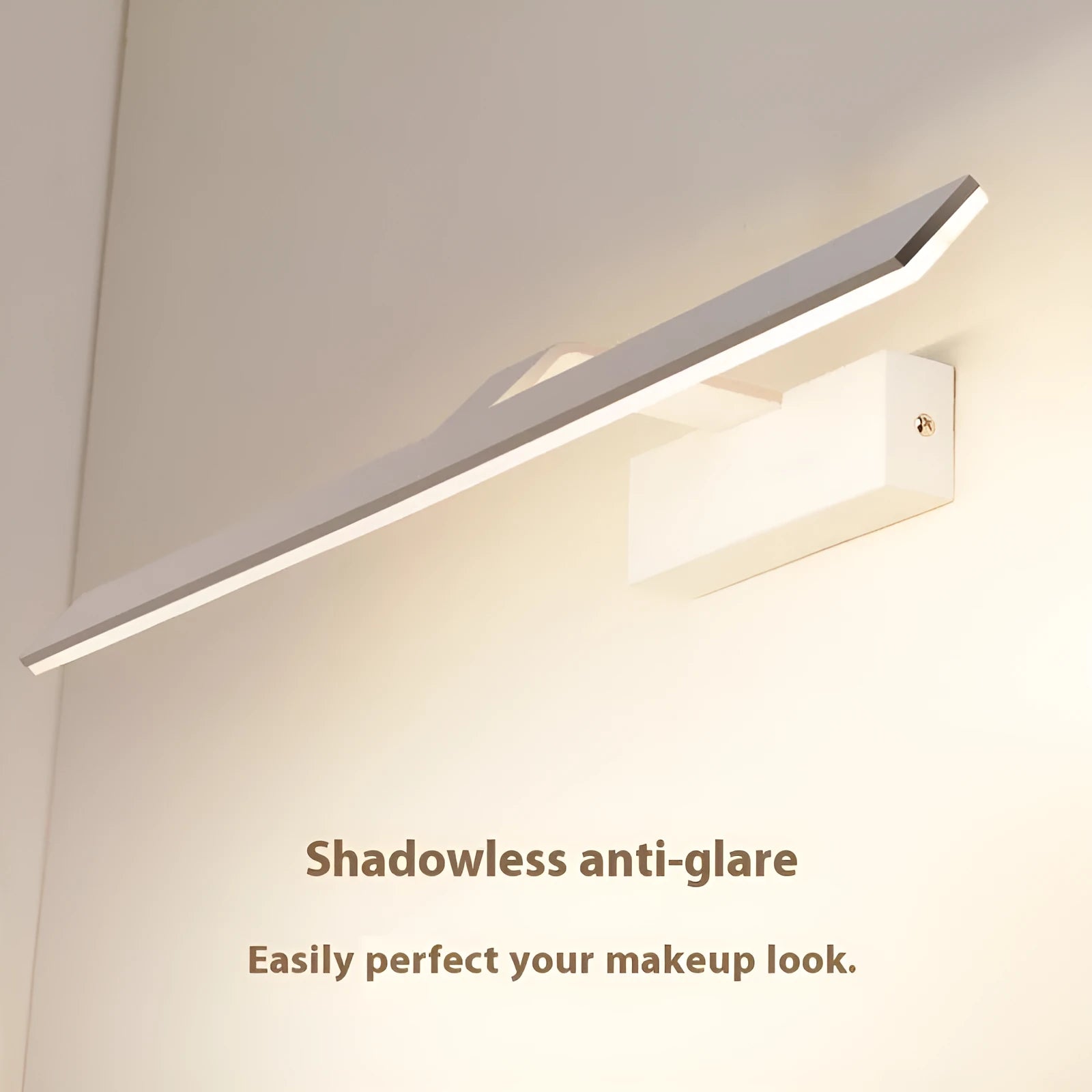 White framed LED bathroom mirror with integrated lighting, shown in a vanity setting.