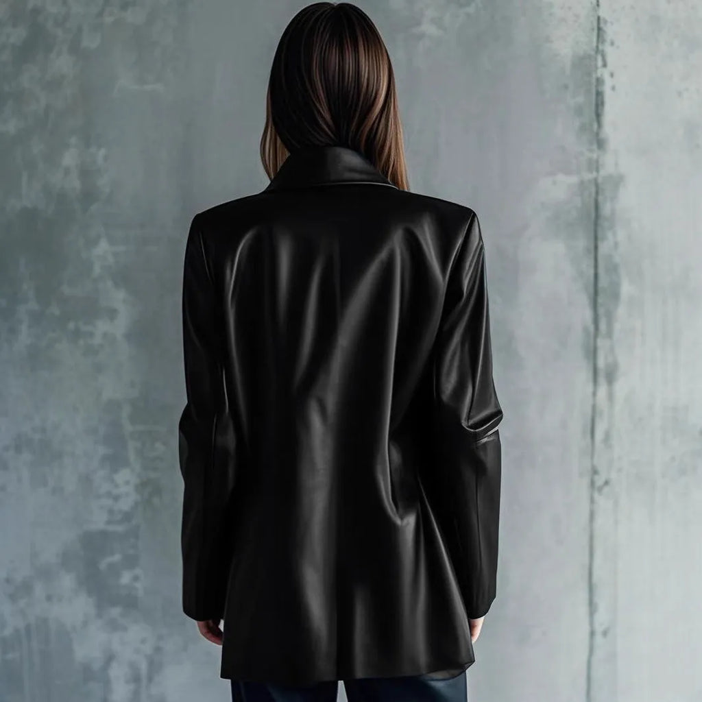 Women's black leather-effect polyester jacket with long sleeves, medium 65cm length, front view