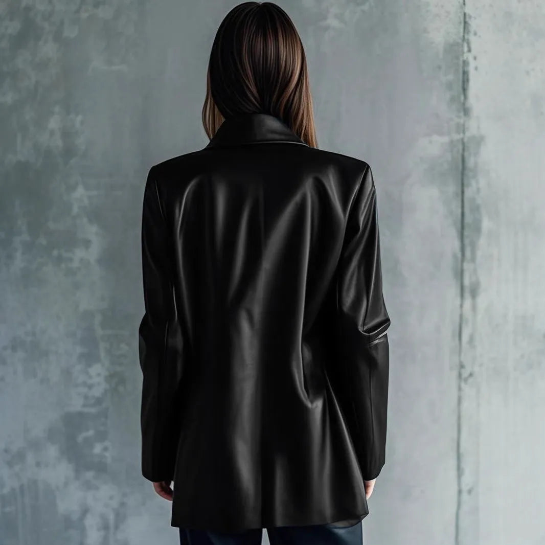 Women's black leather-effect polyester jacket with long sleeves, medium 65cm length, front view
