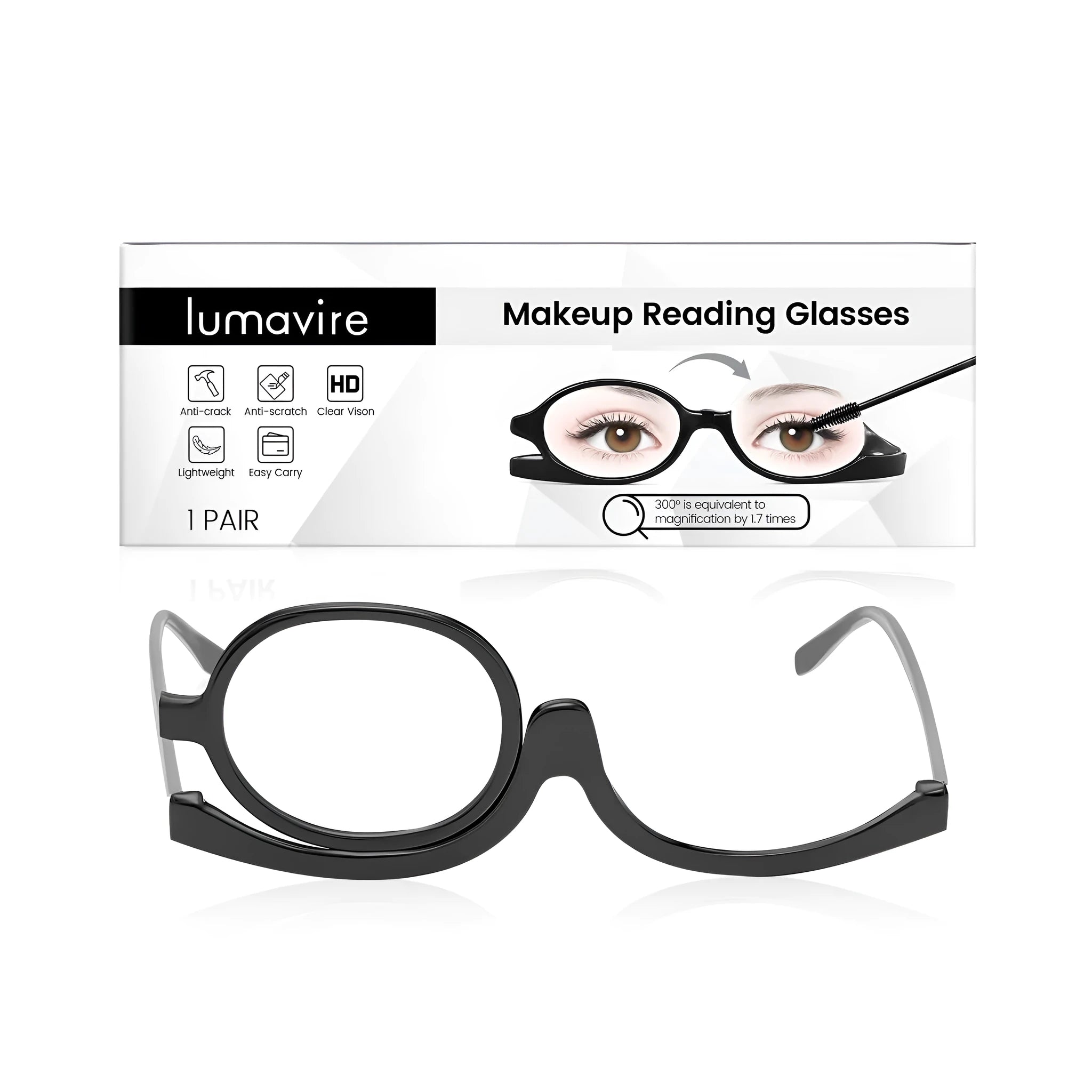 Makeup application glasses with clear lenses and adjustable plastic frame on a flat surface.