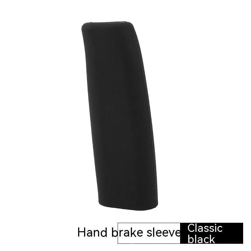 Universal silicone handbrake sleeve in red, blue, black, grey, and beige shown next to a car gear lever.