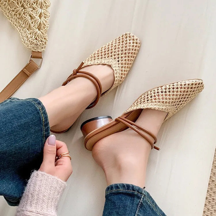 Women's square toe chunky heel slippers in beige colour with hollow-out upper, side view