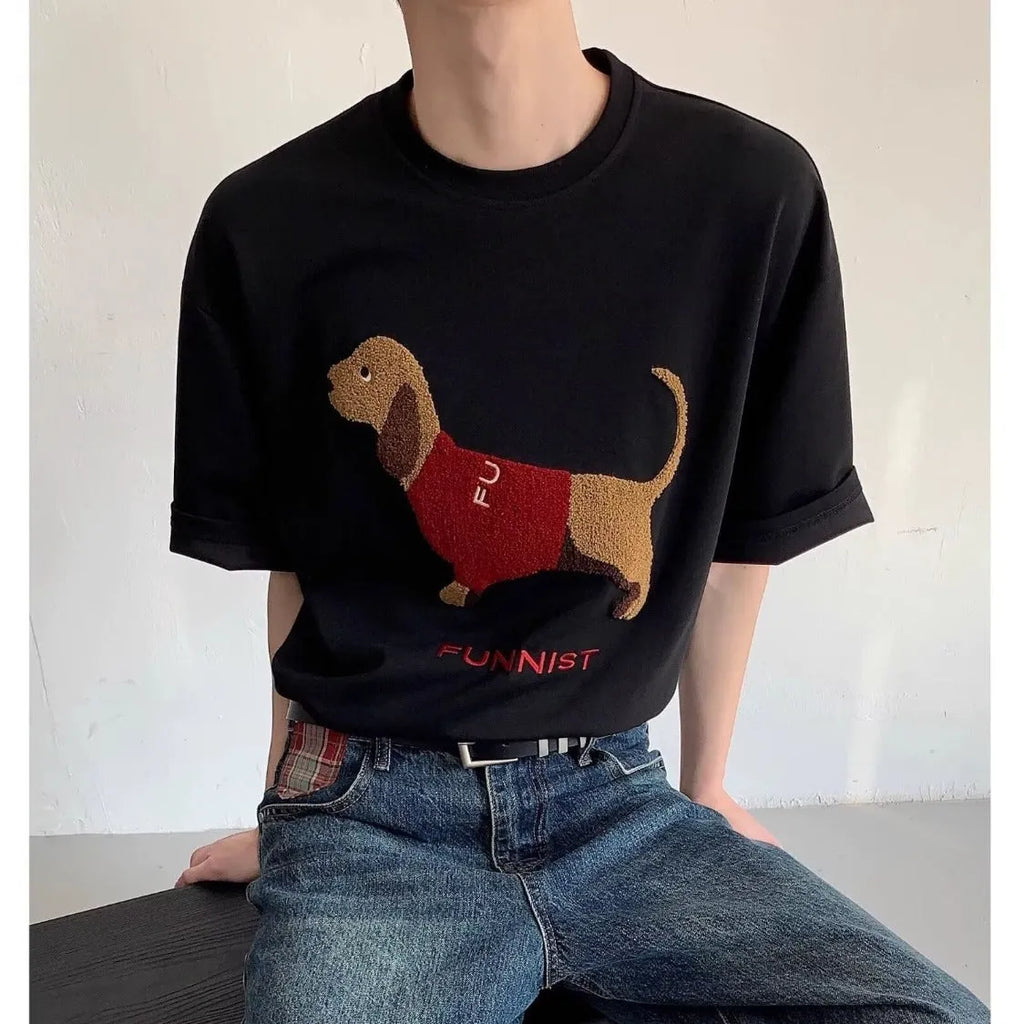 Men's grey cotton t-shirt with embroidered dachshund dog design on the front.
