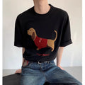 Men's grey cotton t-shirt with embroidered dachshund dog design on the front.