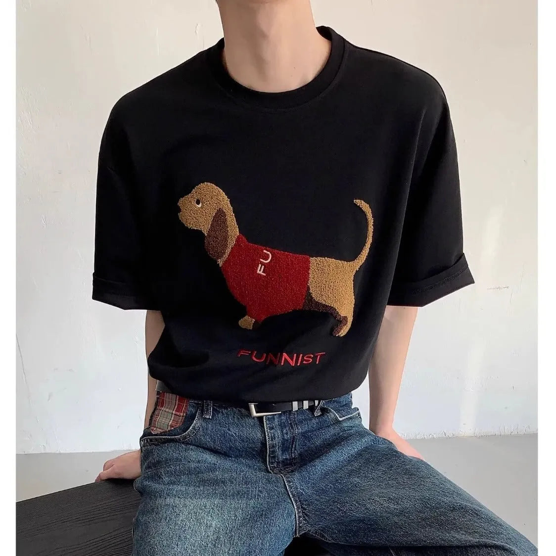 Men's grey cotton t-shirt with embroidered dachshund dog design on the front.