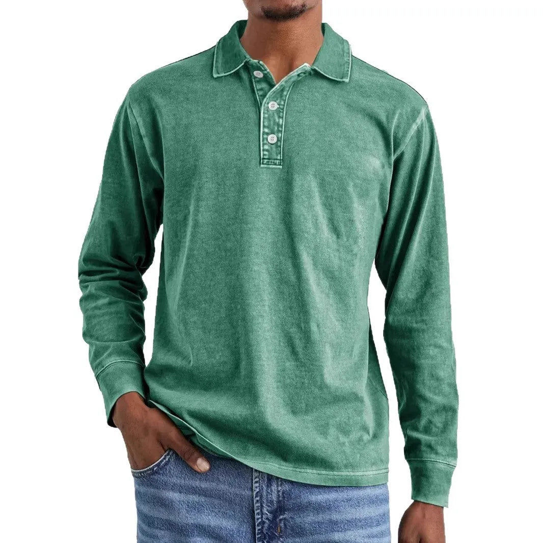 Men's retro washed distressed lapel polo shirt in pure cotton, shown in Army Green colour.