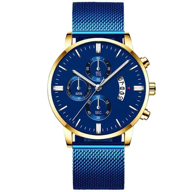 Men's stainless steel mesh band quartz watch with analog display and 4.2cm case.