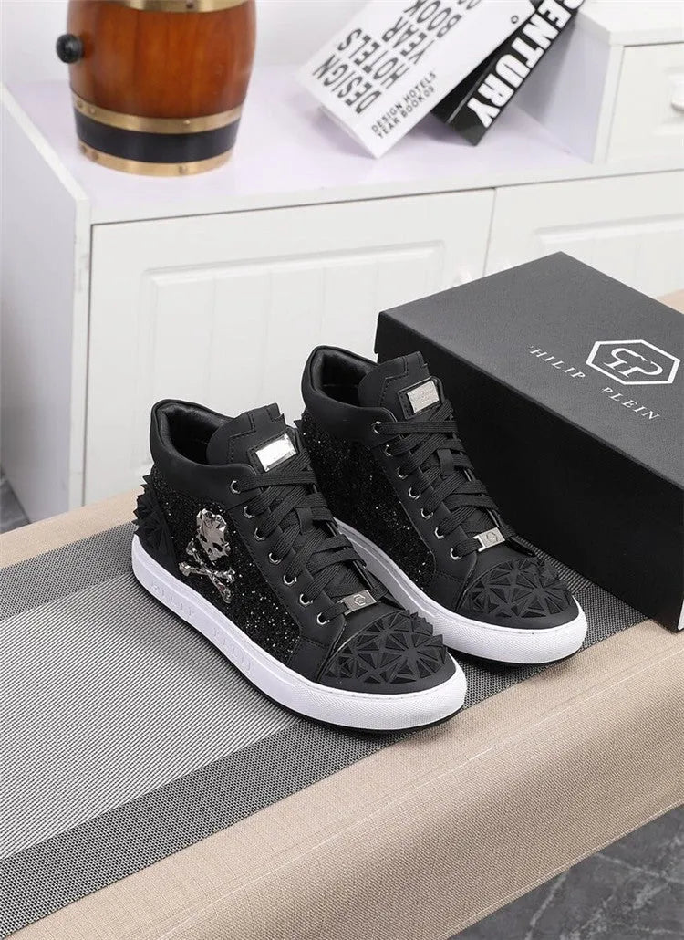 Men's black genuine leather high top skeleton shoes with lacing and rubber soles