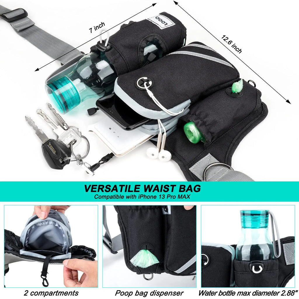 Black nylon dog walking waist bag with integrated leash for hands-free outdoor pet training