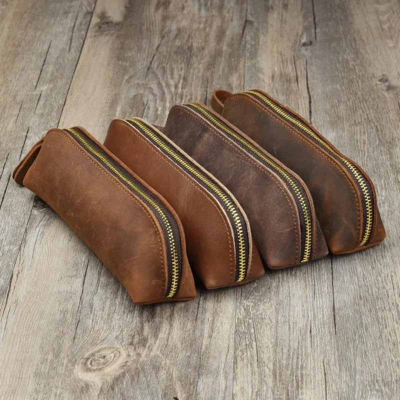 Genuine cowhide leather pencil case in square design with zipper closure measuring 18cm