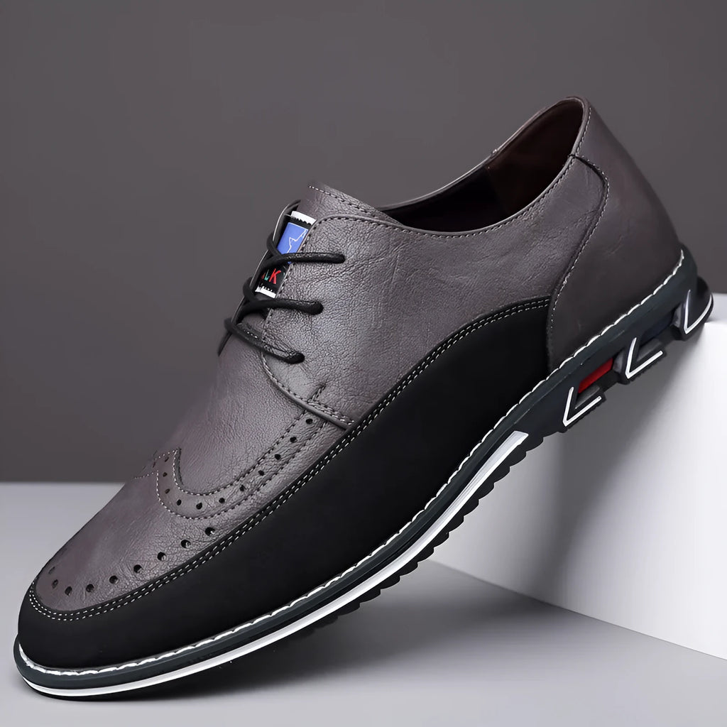 Men's casual leather slip-on shoes showing leather toe cap and sewing line detailing