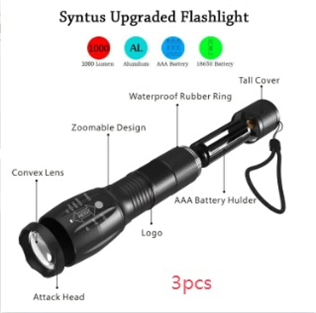 Portable mini LED zoom torch with aluminium alloy body, adjustable focus, and 200-500 metre range in black