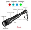Portable mini LED zoom torch with aluminium alloy body, adjustable focus, and 200-500 metre range in black