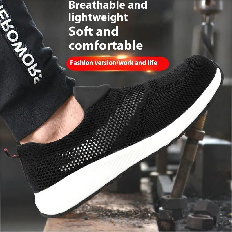 Men's lightweight anti-smash anti-puncture steel toe work shoes in black, mesh upper, low-top style