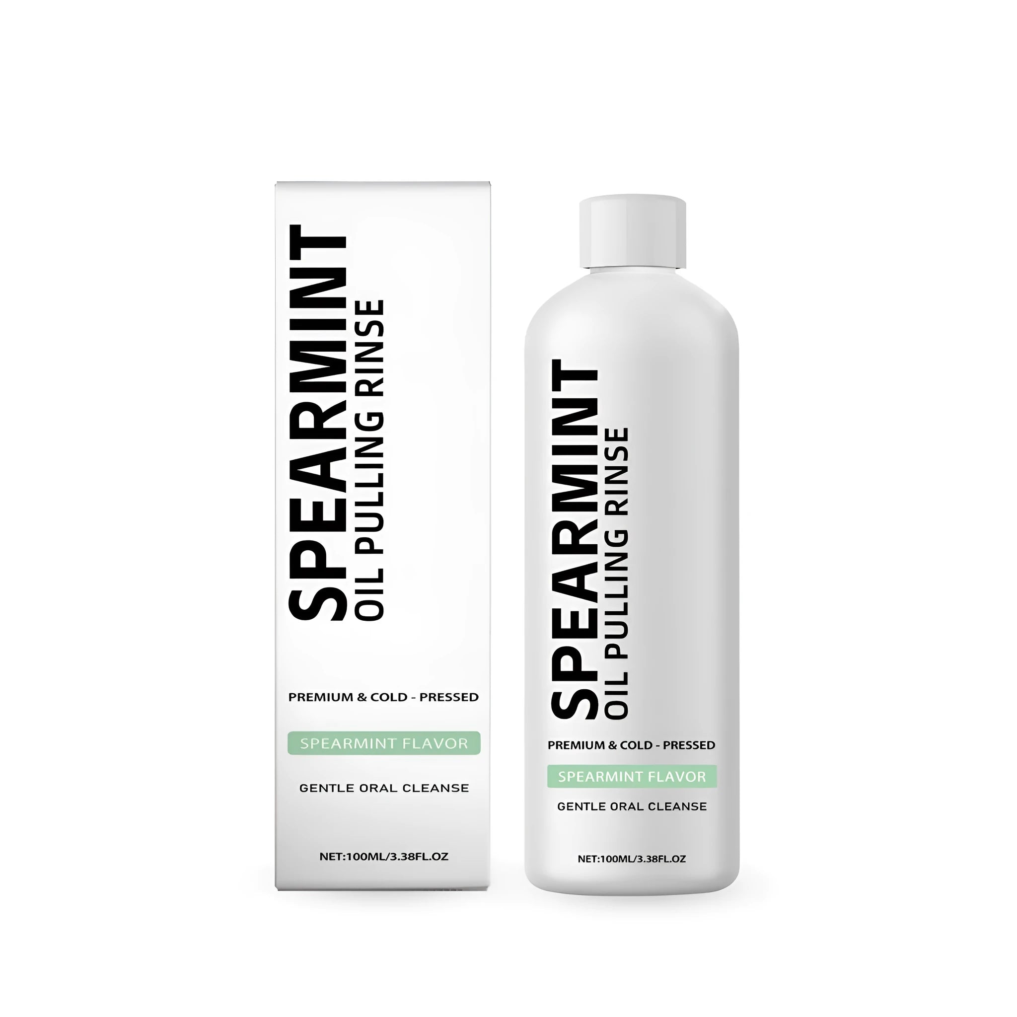 100ml bottle of Spearmint Oil Pulling Rinse mouthwash with clove and peppermint oils.