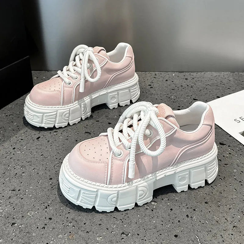 Beige and pink women's leather casual shoes with a raised rubber foam sole for height increase.