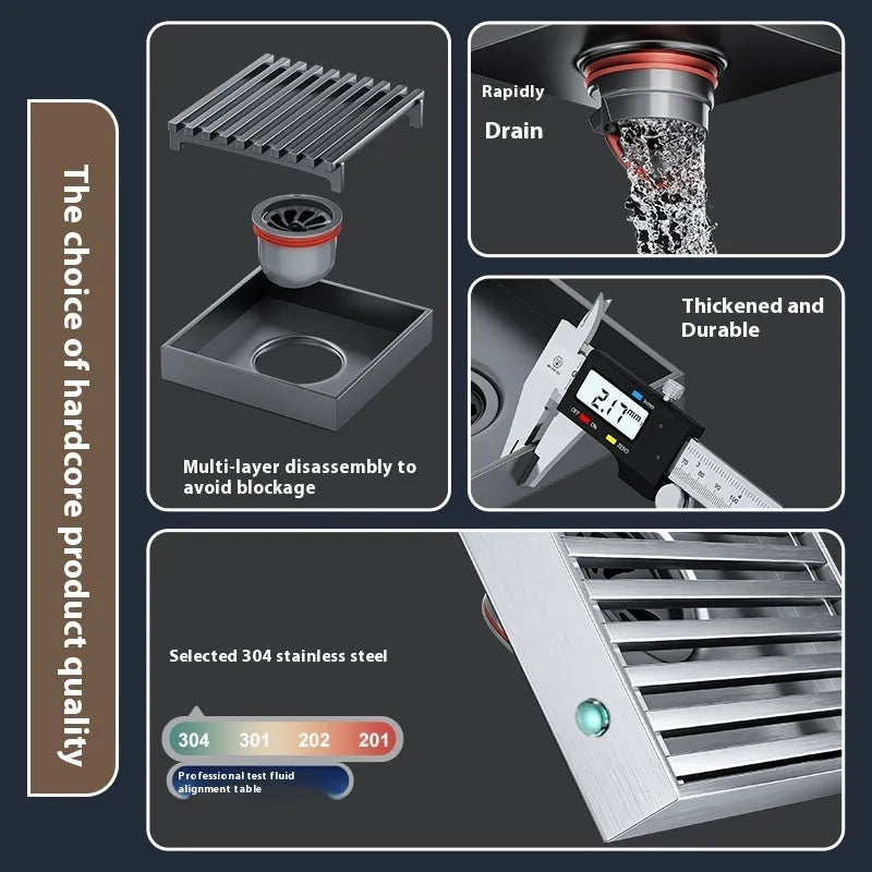 Gun grey 304 stainless steel courtyard floor drain with a 15x15cm square drain opening.