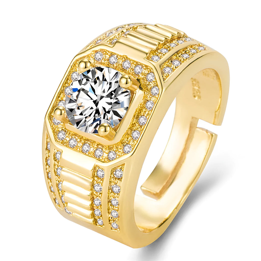 Men's large square diamond ring with adjustable band in gold or platinum finish.